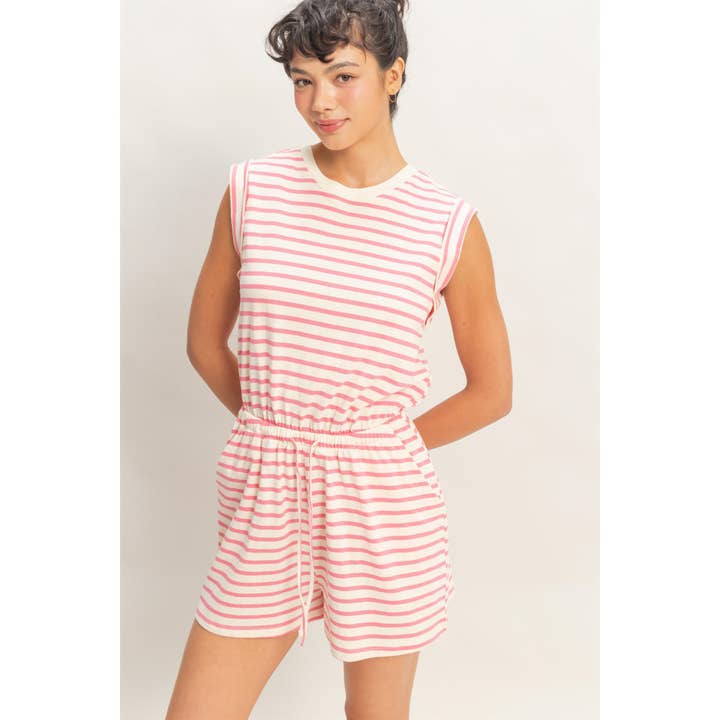 Striped Sleeveless Drawstring Romper for wholesale by Double Zero