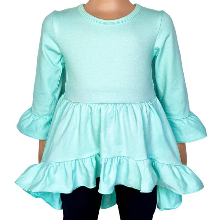 Girls Turquoise Cotton Knit Ruffle High Low Shirt 3/4 Sleeve for wholesale by AnnLoren