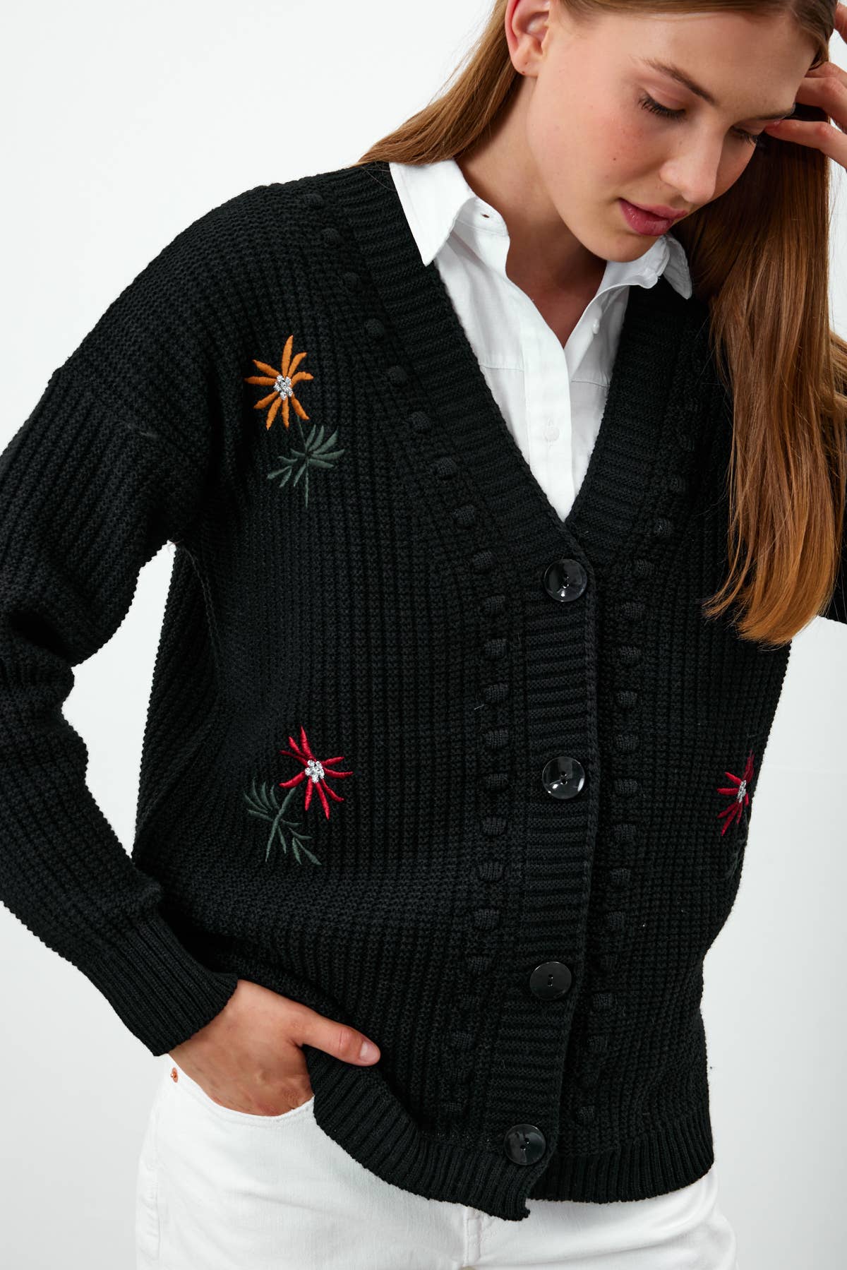 VAV NEW YORK - Vente Cardigan – femme - Cardigan en tricot à fleurs Cardigan en tricot mi-long - 38100
