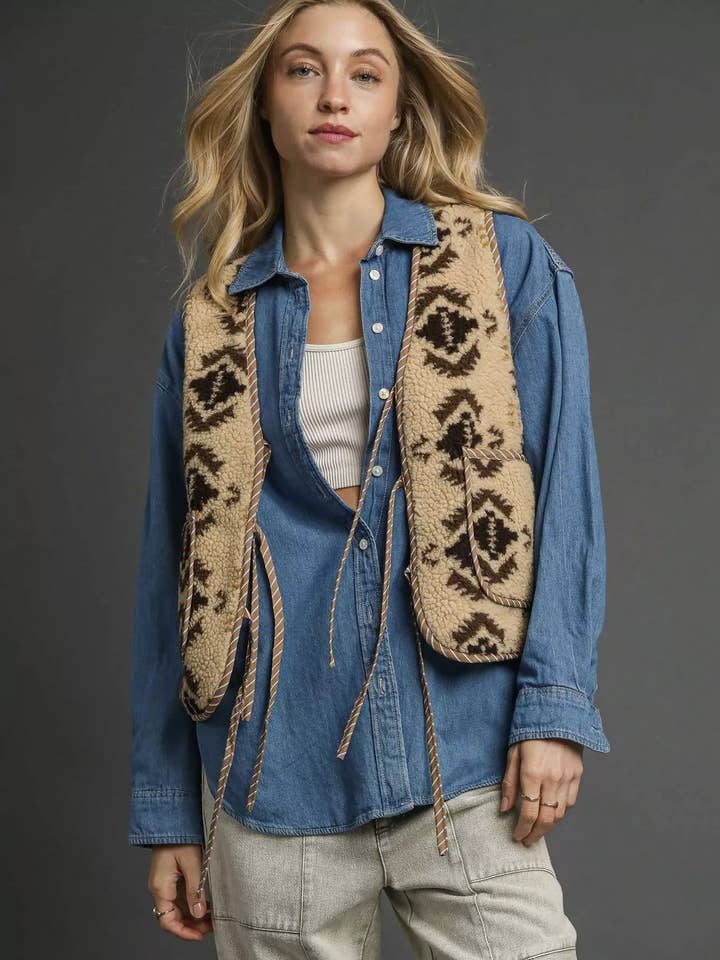 Umgee Mix Patterned Sherpa Tie-Front Vest for wholesale by Garden Naked