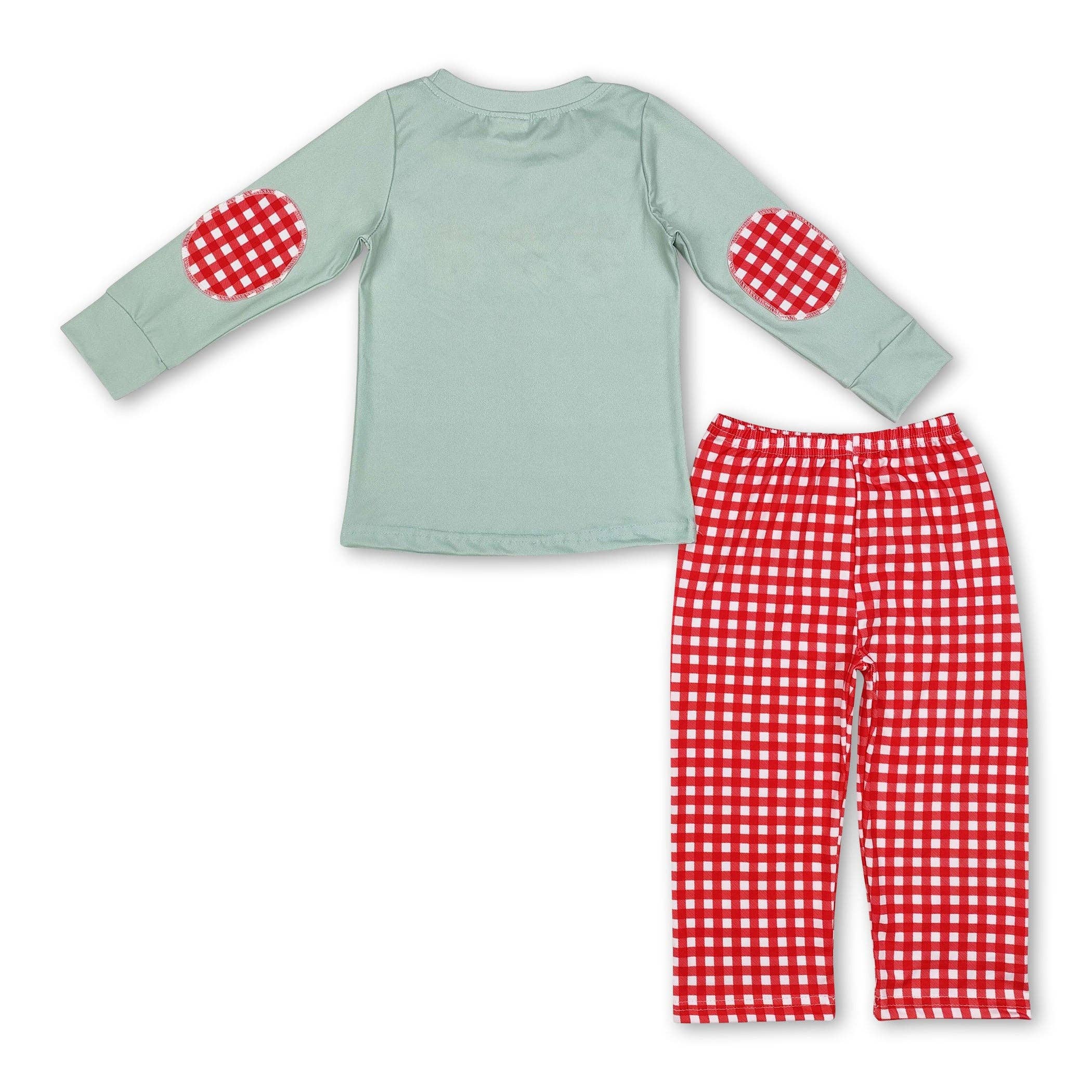 Yawoo Garments - Wholesale Top & Pant Set - Kids - Green santa top plaid pants kids boys Christmas outfits1