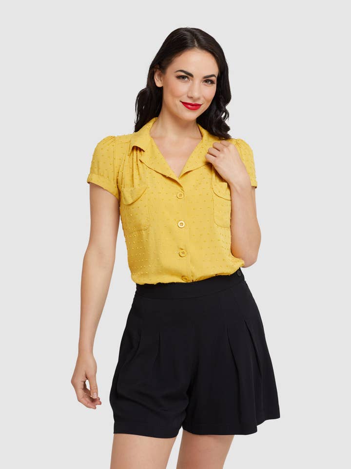 Evita Vintage Style Blouse Mustard Textured Rayon for wholesale by Retrospec'd Clothing