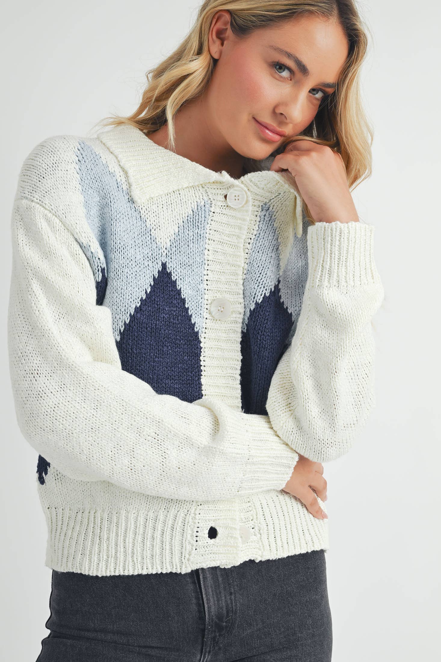 IVORY BLUE Argyle Pattern Cardigan. for wholesale on Faire3