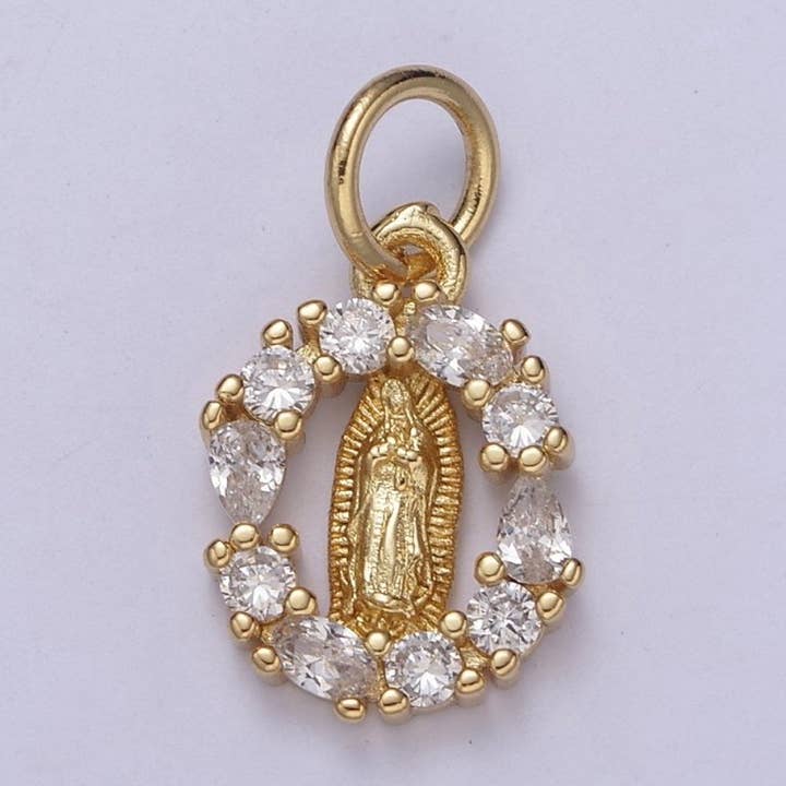 Ciondolo Rotondo Piccolo in Oro Riempito 14k Nostra Signora di Guadalupe Vergine Maria Cerchio CZ Religioso Cattolico Gesù Rosario C-576 per la vendita all'ingrosso da parte di Aim Eternal
