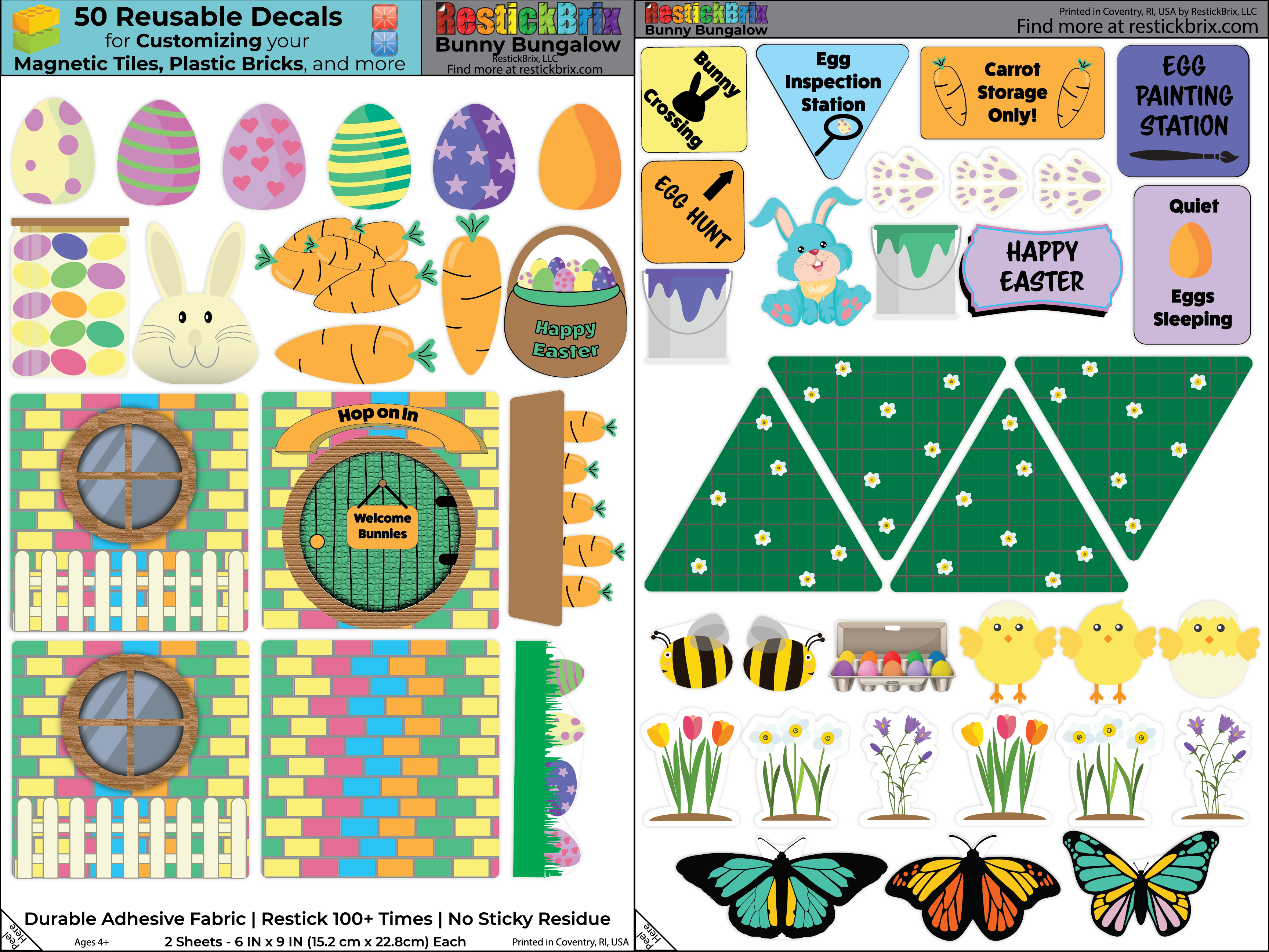 RestickBrix - Wholesale Building Set - Kids - Reusable Decals for Magnetic Tiles & Bricks - Bunny Bungalow1