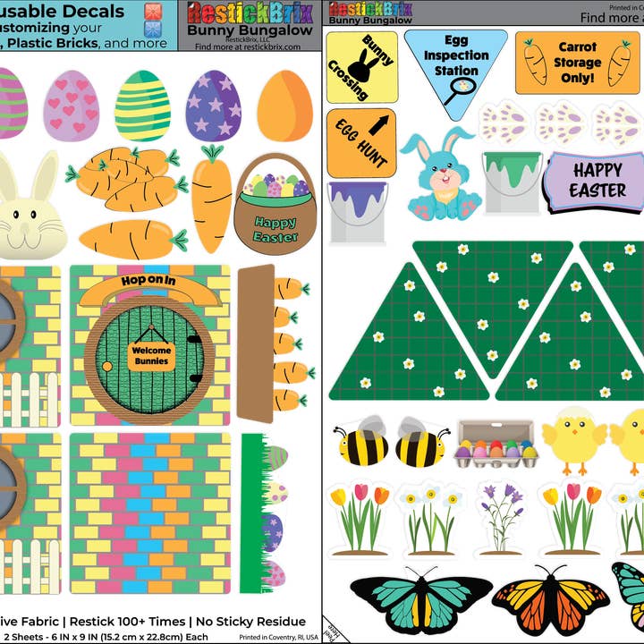 RestickBrix - Wholesale Building Set - Kids - Reusable Decals for Magnetic Tiles & Bricks - Bunny Bungalow1