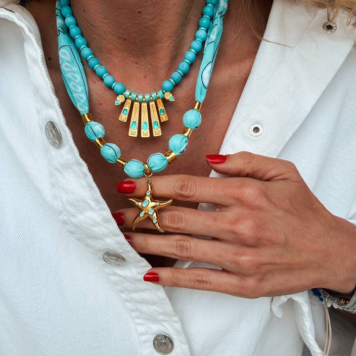 Goupi - Wholesale Beaded/Pearl Necklace - Aqua & Gold Layered Necklaces – Scarf necklace & Starfish