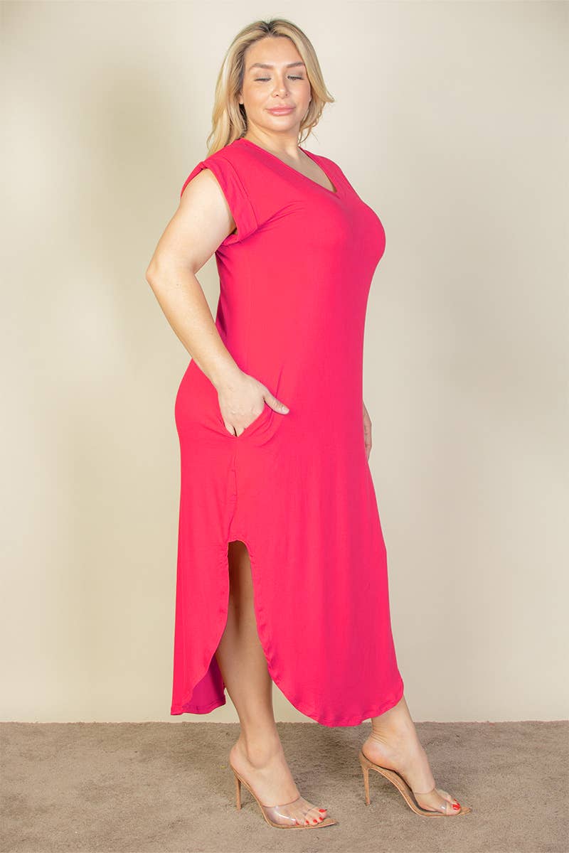 CAPELLA APPAREL - Wholesale Dress - Women's - Plus Size Hidden Pocket Batwing Sleeve V Neck Long Dress30