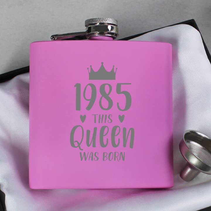 Pink Metal 7oz Hip Flask Engraved 1985 This Queen Was Born for wholesale by eBuyGB Craft Blanks