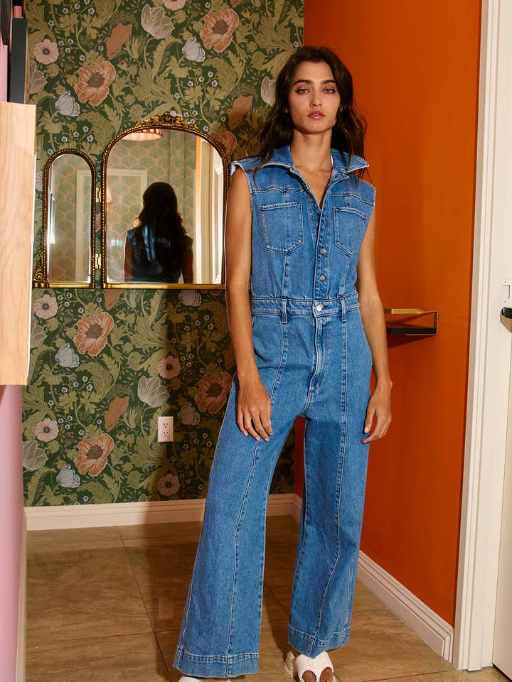 IR5717 Sleeveless Button-Through Wide Leg Denim Jumpsuit for wholesale by BUCKETLIST INC