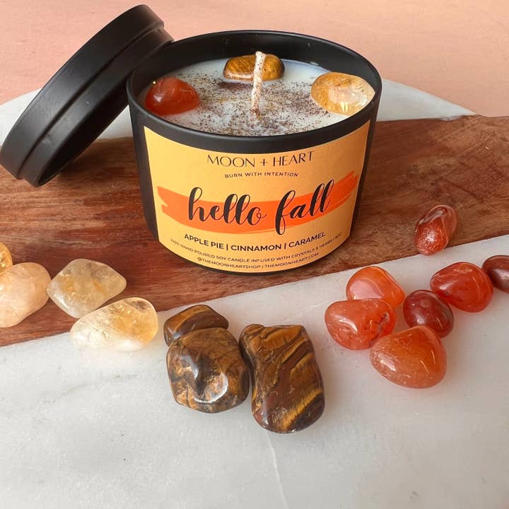 Hello Fall Intention Candle with crystals | Manifestation Candle | Cool Candles | Crystal Infused Candle for wholesale by The Moon+Heart