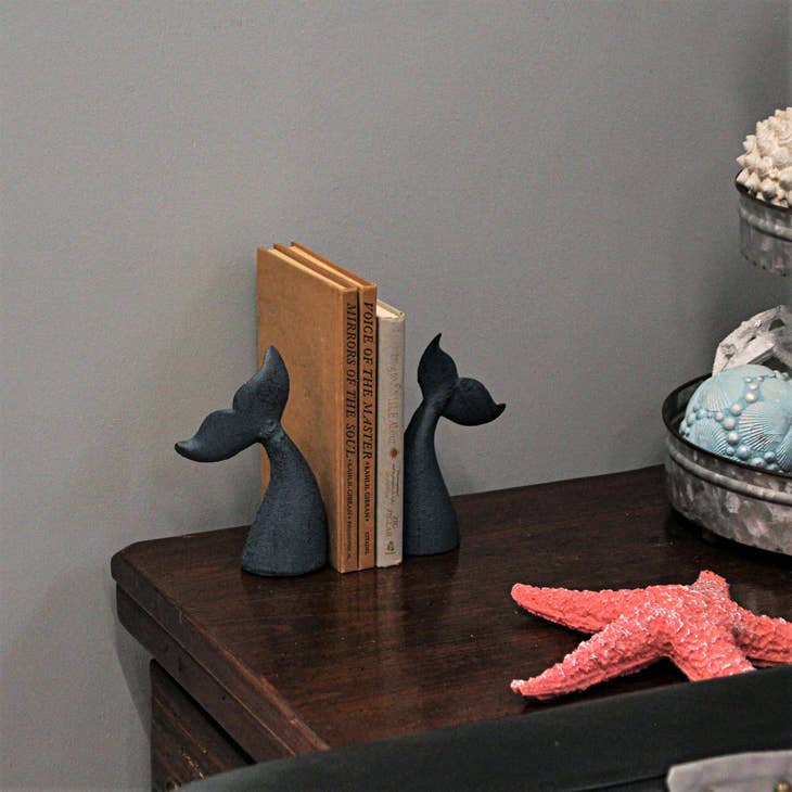 Wholesale Set of 2 Blue Cast Iron Whale Tail Bookends Bookshelf Decor for  your store - Faire