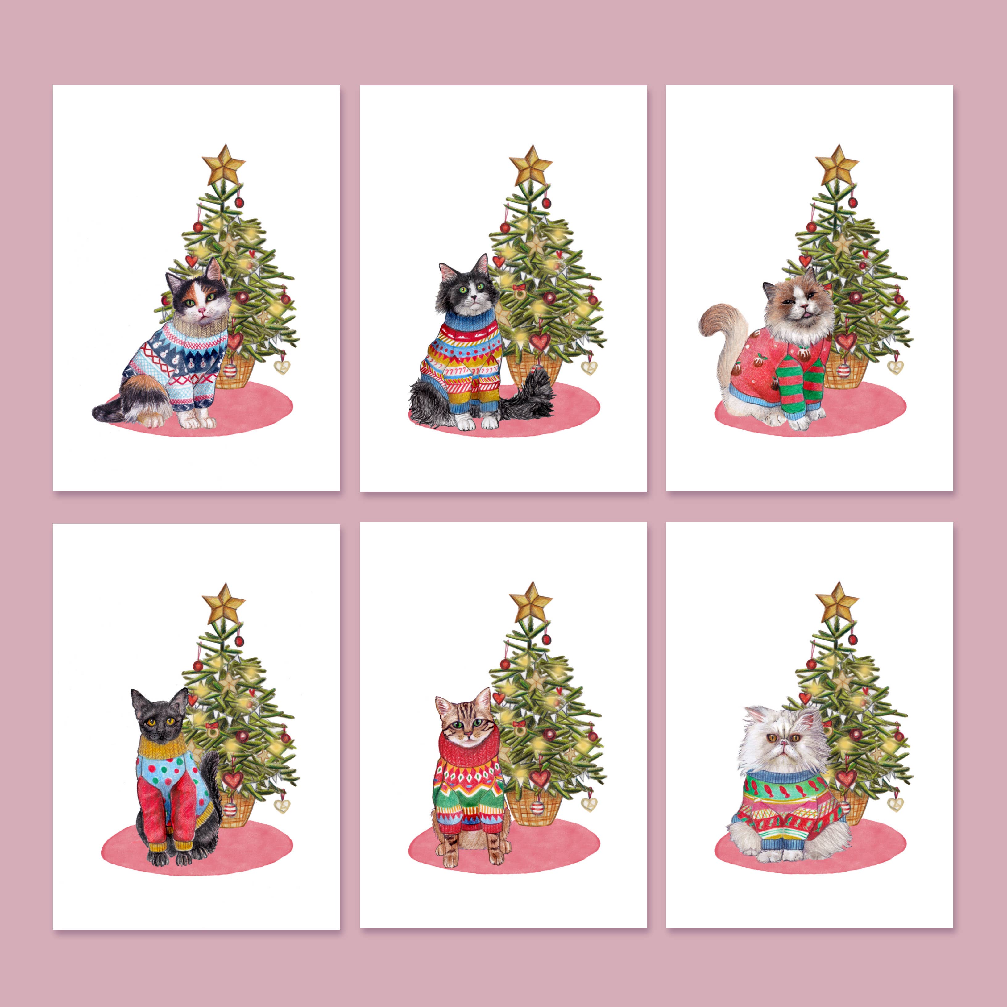 Beth Goodwin Designs - Wholesale Christmas card - Set of 6 Cats in jumpers Christmas Cards0
