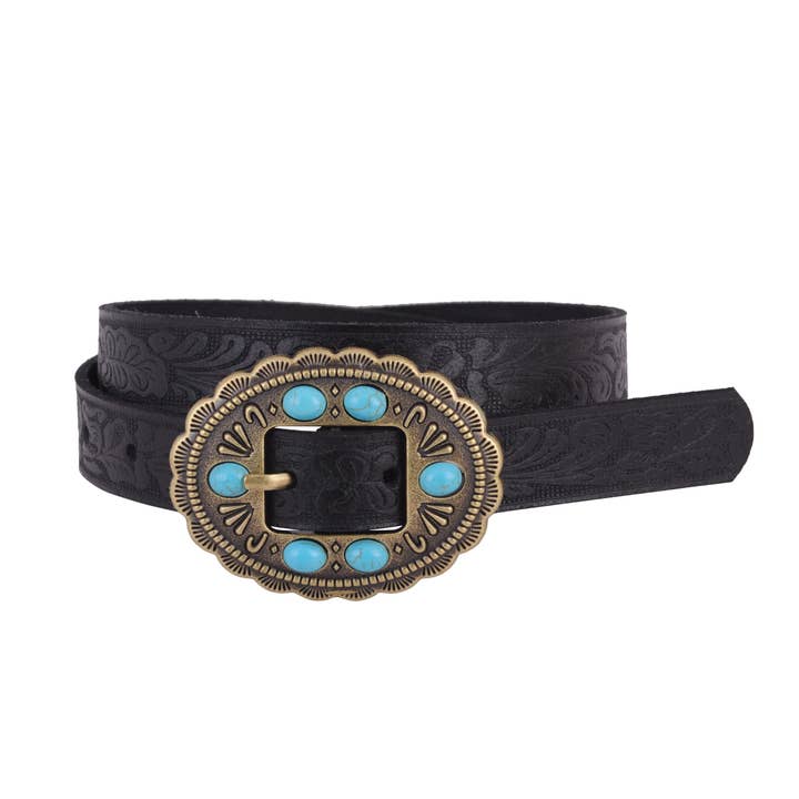 Most Wanted USA - Wholesale Belt - Women's - Tooled Belt with Round Turquoise Stone Buckle