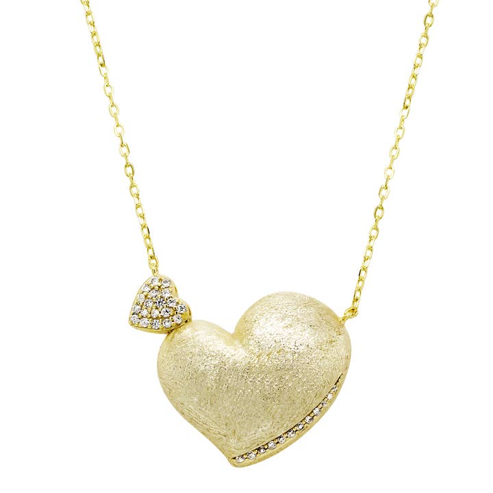 Matte Gold Plated Sterling Silver CZ Double Heart Necklace for wholesale by Dlux Jewels