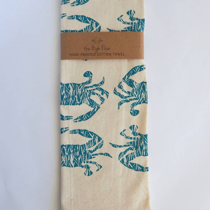 The High Fiber - Wholesale Tea Towel - Crab Handprinted Kitchen Towel, Coastal Tea Towel, Blue Crab