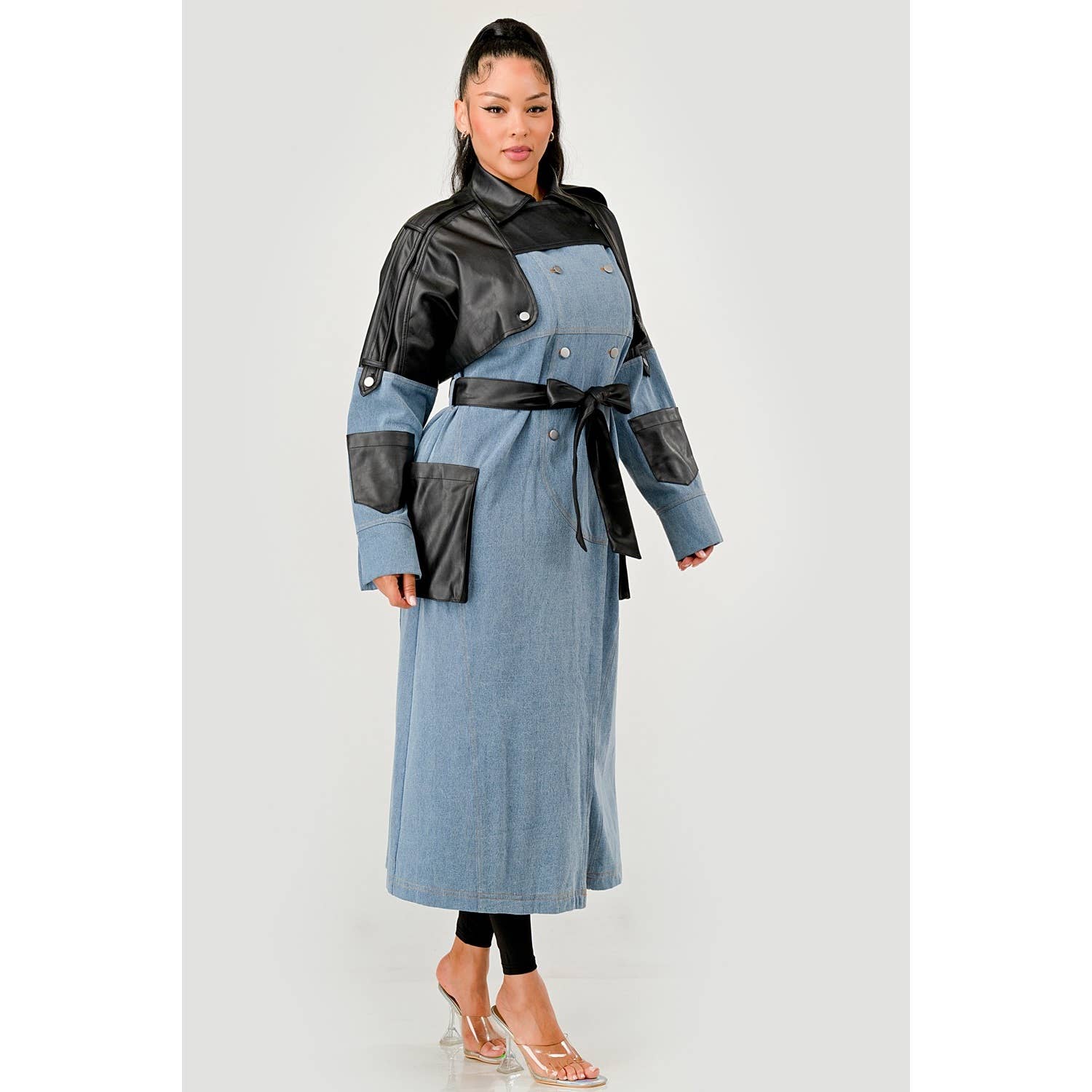 DENIM Trench-coat en denim bicolore et simili cuir en vente sur Faire5