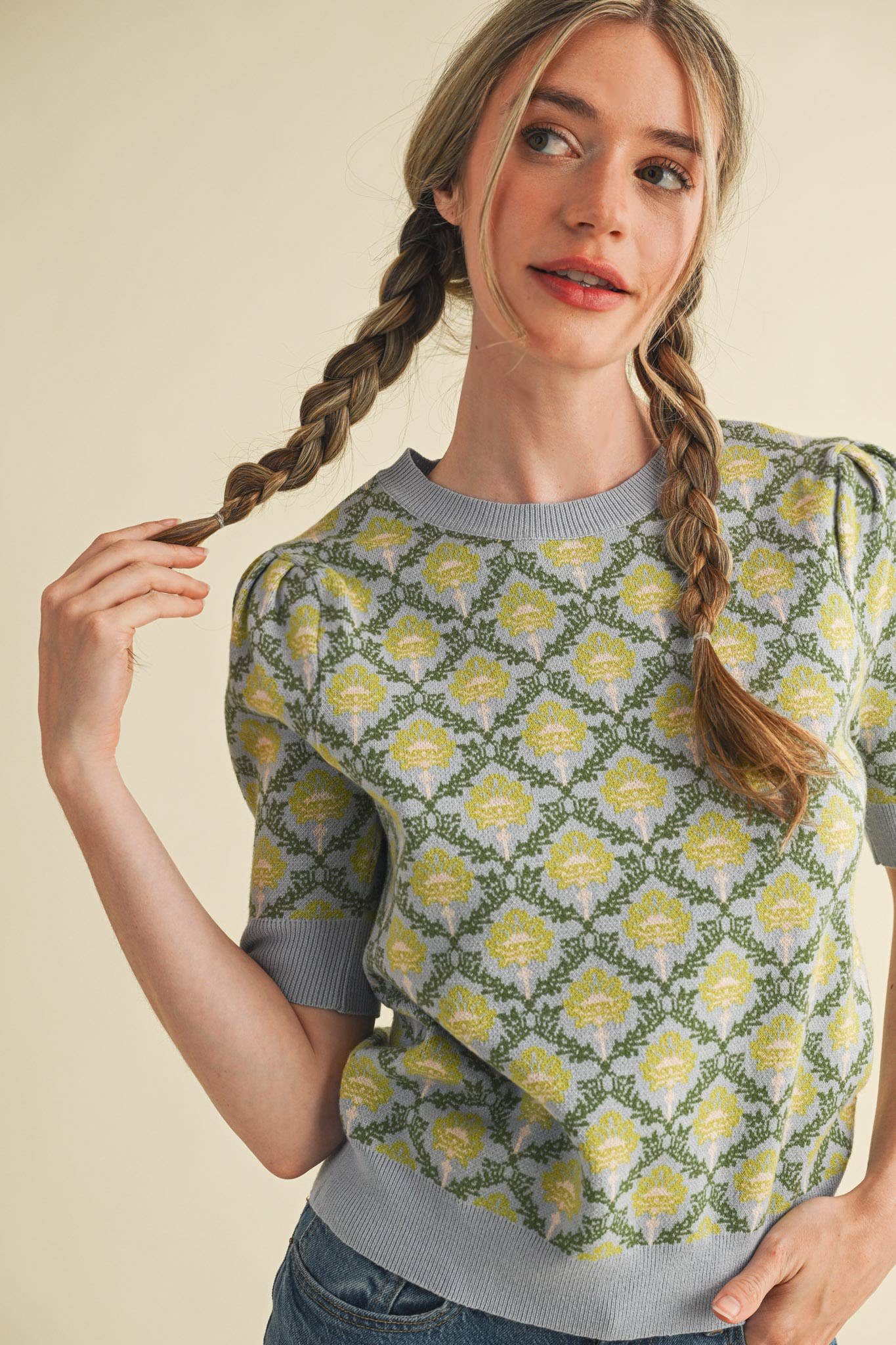 &MERCI - Wholesale Knit Sweater - Women's - FLORAL PATTERN SHORT SLEEVE SWEATER MSW1086038