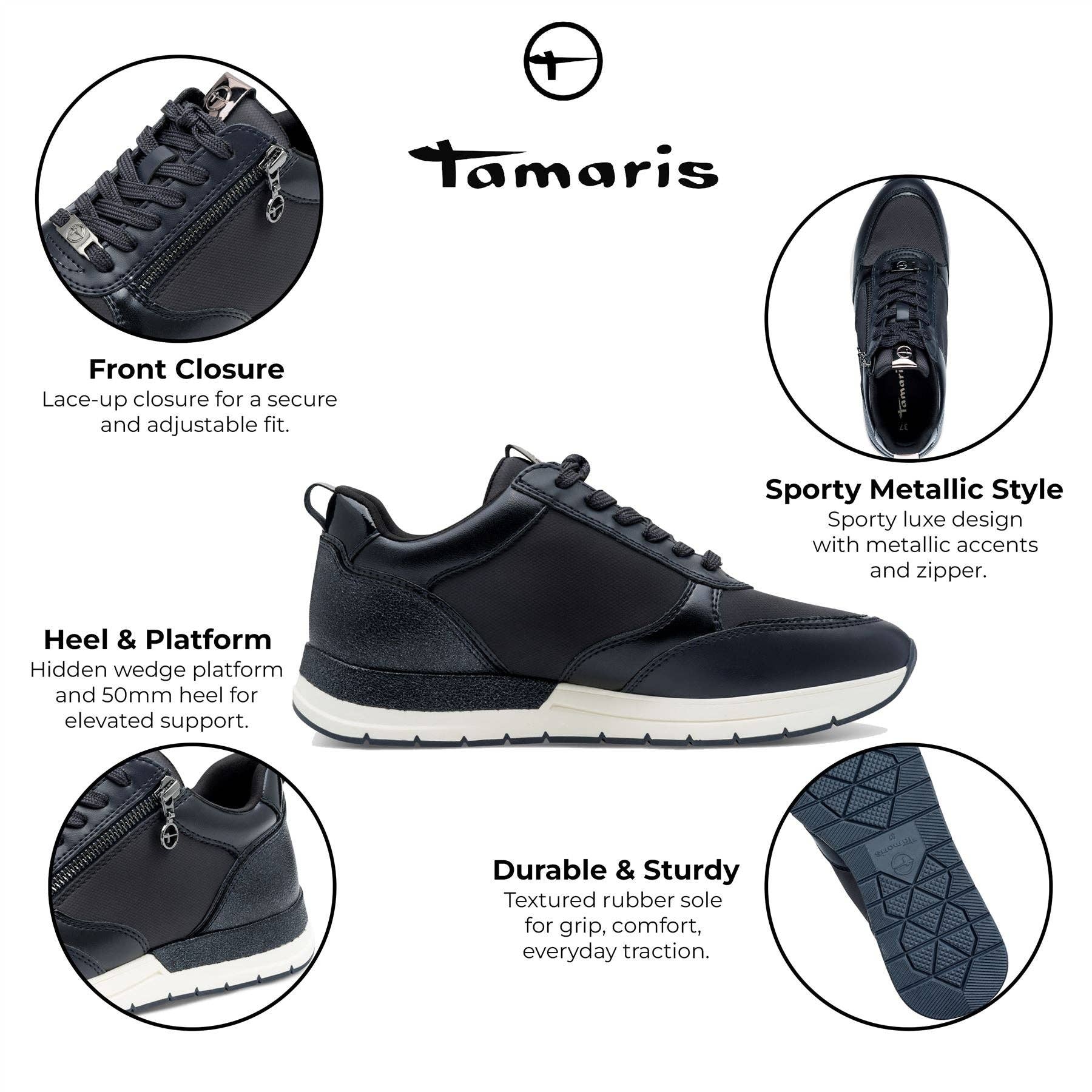 Tamaris Womens Navy Blue Fashion Lace-up Zipped Sneakers Trainers for wholesale on Faire1