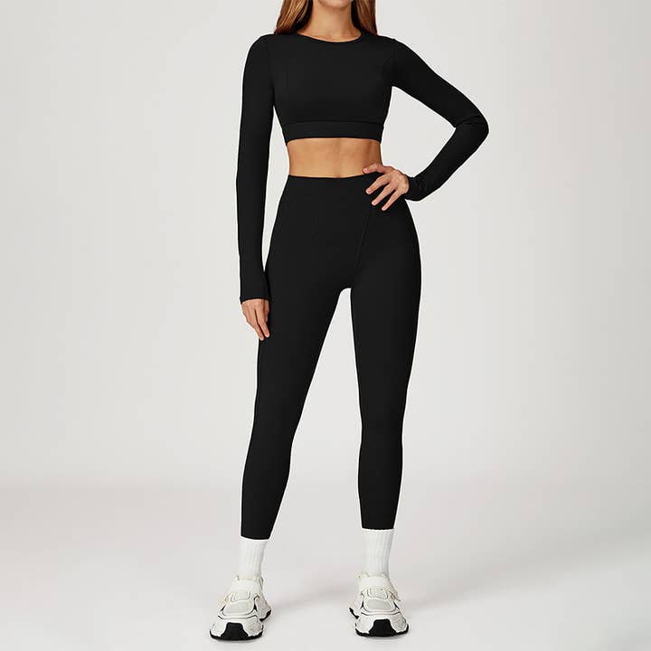 WONDERXFANS - Wholesale Activewear Set - Women's - Round-neck long-sleeve fitted top+HIGH WAIST LEGGINGS 2-PIEC8