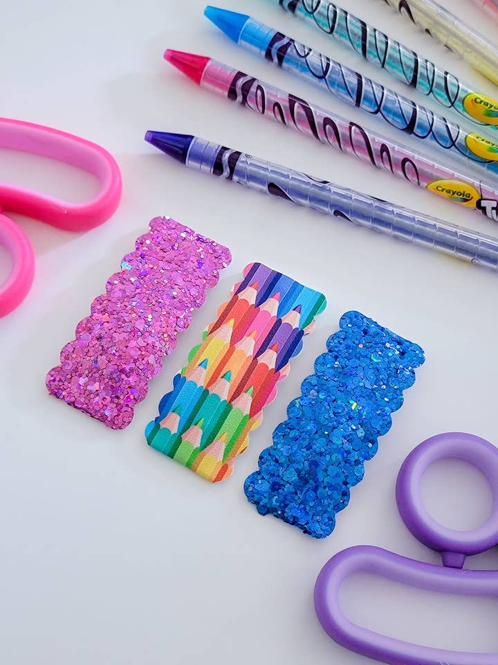 2,5 inch rechthoekige Scallop Snap Clip 3pak-kleurrijke potloden voor wholesale door Dainty Delights Creations