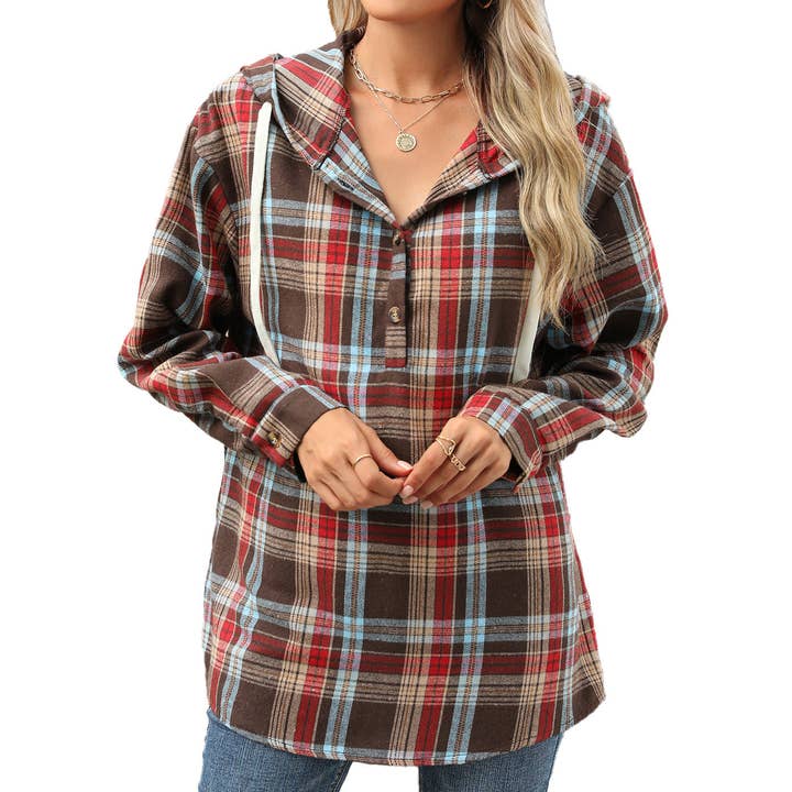 Masyal - Wholesale Shirt Jacket/Shacket - Women's - Women's Autumn/Winter Hooded Plaid Button-down Jacket2