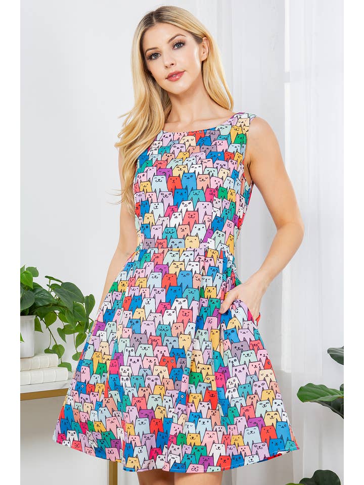 LA Soul - Wholesale Dress - Women's - Colorful Cat Skater Dress