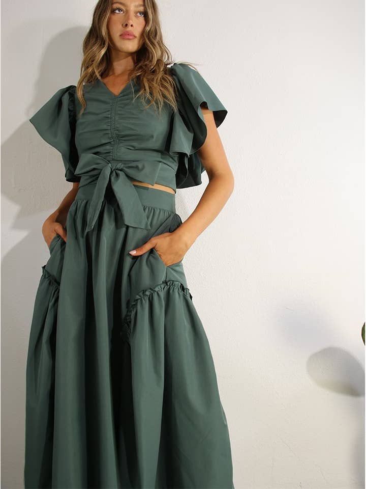 Conjunto de blusa con volantes y falda de rayón para venta al por mayor de Mulla