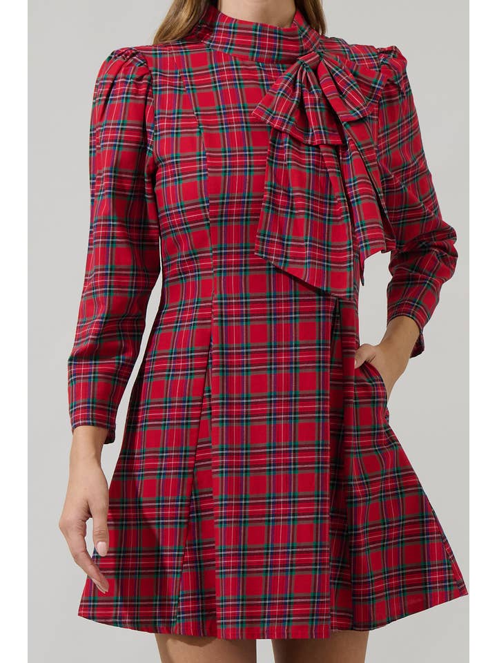 Red Multi Arvada Plaid Padma Bow Mini Dress for wholesale on Faire