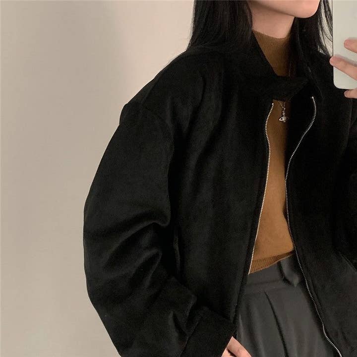 FurDecoration - Wholesale Jacket - Women's - Solid Color Vintage Suede Double Zipper Jacket0