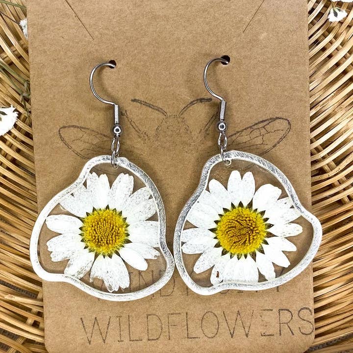 Pressed Daisy Earrings Silver Pressed Flower Earrings for wholesale by Windy City Wildflowers