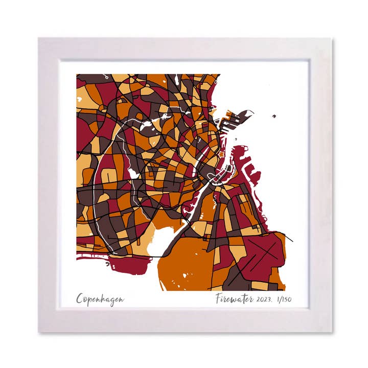 MAPA DE ARTE DE COPENHAGUE, DINAMARCA, DIBUJADO A MANO Y DE EDICIÓN LIMITADA para venta al por mayor de Firewater Gallery