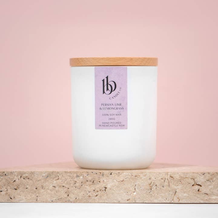 Persian Lime & Lemongrass Scented Soy Candle for wholesale by bbcandleco