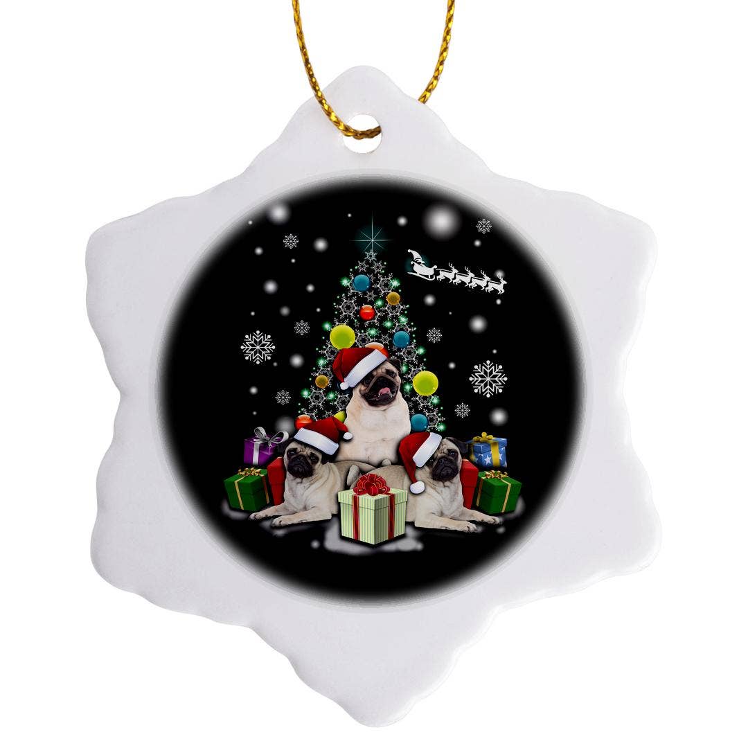 3dRose - Wholesale Ornament - 3dRose, Xmas Pug Dog in Christmas Style with Gifts and Snowflakes, Ornament0