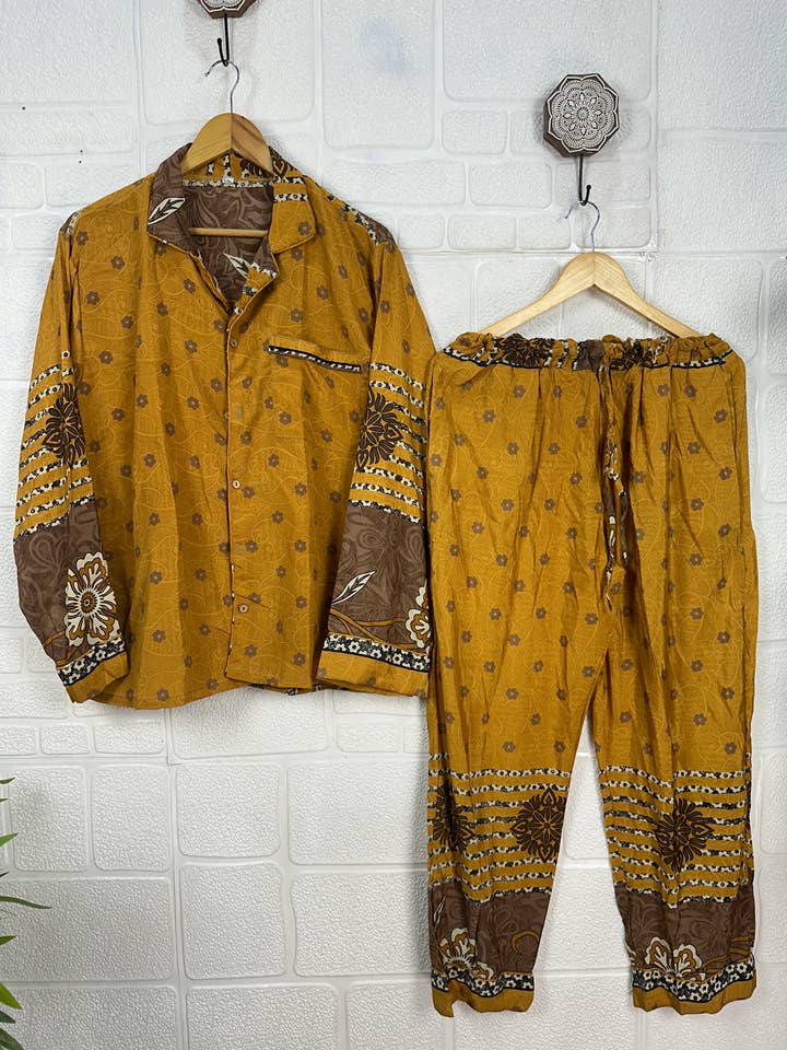 Recycle Silk PJ Set, Relaxed Fit Pajama Set, Soft Night Suit for wholesale by The Eastern Loom