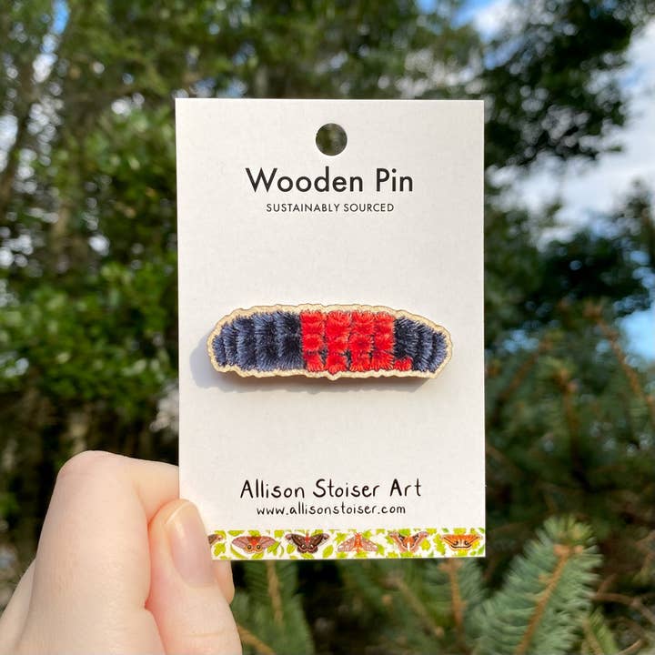 Woolly Worm/Woolly Bear Wooden Pin (Sustainably Sourced) for wholesale by Allison Stoiser Art