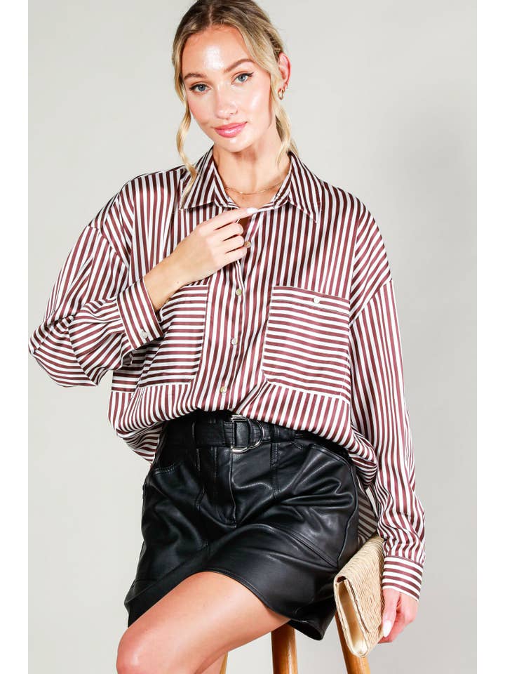 Vine & Love - Wholesale Button Down Shirt - Women's - Collar Neckline Pocket Detail Striped Satin Shirt VT813148