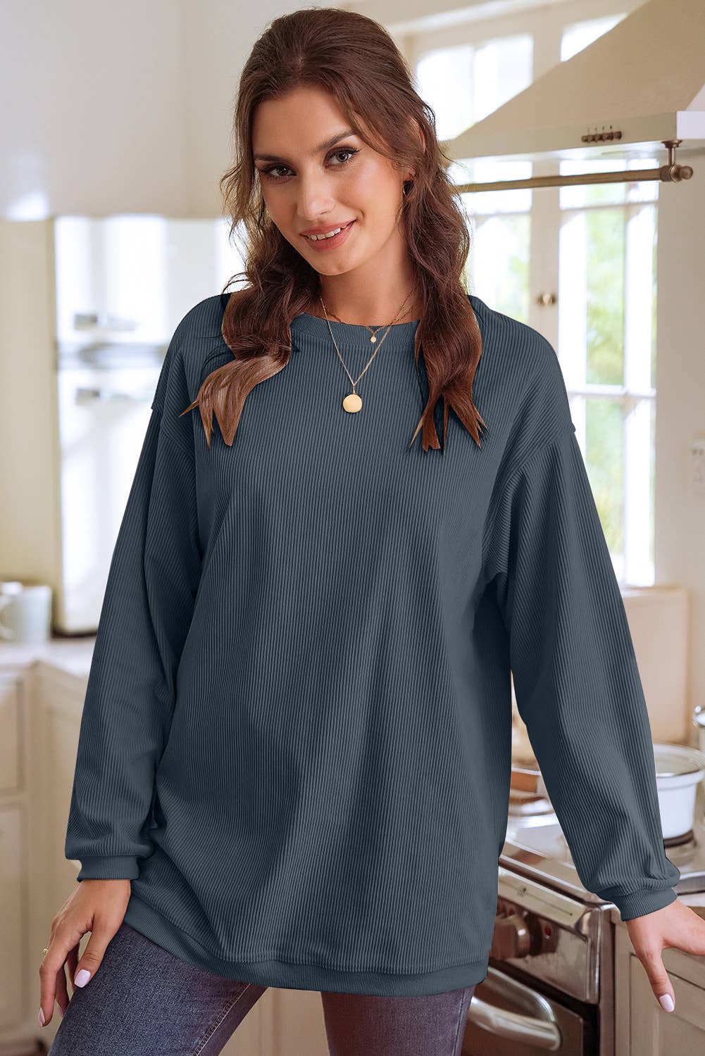 1 the Woman - Wholesale Sweatshirt - Women's - Ribbed Corduroy Oversized Sweatshirt S-3XL/ 16 Colors11