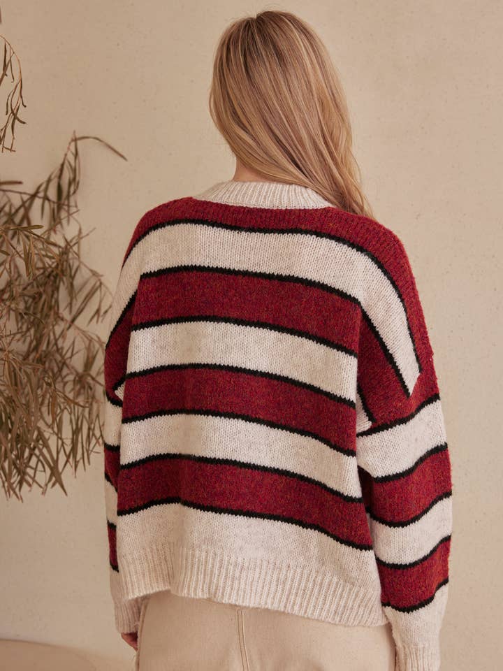 Red Ivory Striped Horizontal Bands Slightly Fuzzy Sweater for wholesale on Faire