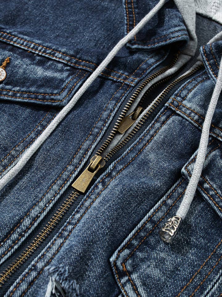 Dark Blue Fake Two-Piece Hooded Zip-Up Denim Jacket for wholesale on Faire6