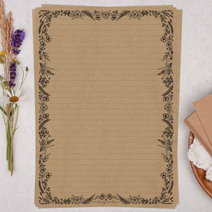A4 kraft schrijfpapier met vintage bloemen | Letter Set voor wholesale door Making Meadows Ltd