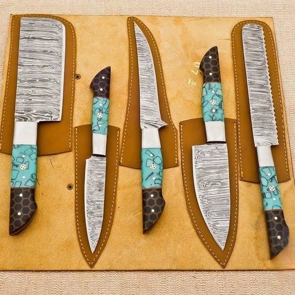 Chakublades – wholesale Presentbox – Handgjorda kockknivar i damaskusstål med läderfodral