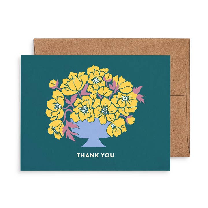 Yellow Peony Flower Vase Thank You Card: Original Art, Eco-Friendly for wholesale by Nuthatch Studio
