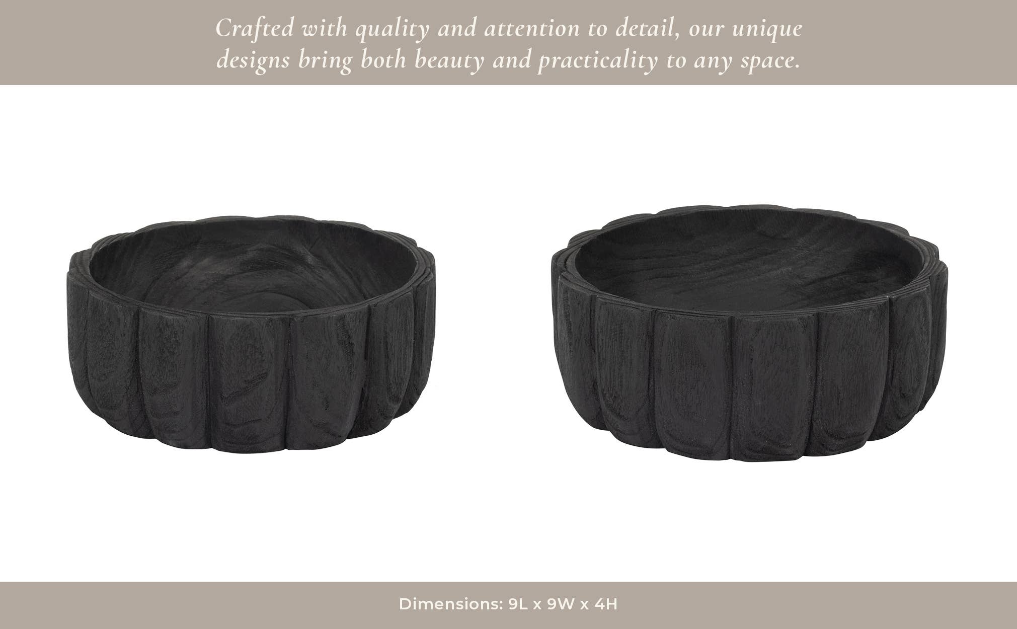 Sagebrook Home - Wholesale Decorative Plate/Dish/Bowl - Paulownia Wood Solid Round Scalloped Bowl - Black, 4 in.11