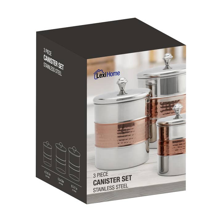 Lexi Home - Wholesale Canister Set - 3-Piece Stainless Steel & Copper Hammered Canister Set4