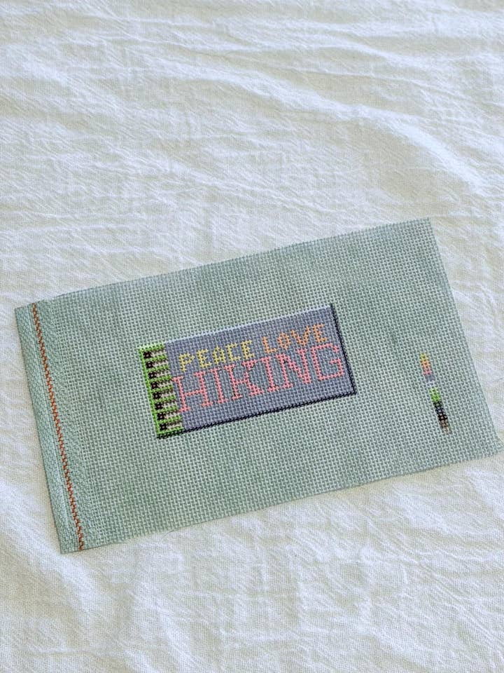 Peace Love Hiking Matchbox Needlepoint Canvas on Green 18 mesh | HandPainted for wholesale by Lets Stitch Studio