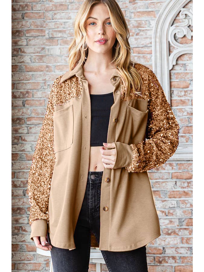 7th Ray - Wholesale Shirt Jacket/Shacket - Women's - Sequin Contrast Knit Shacket for Women T5353