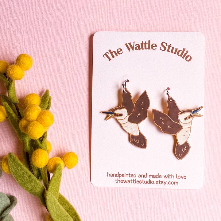 Kookaburra Dangles | Handbemalte Holzohrringe für den Großhandel von The Wattle Studio