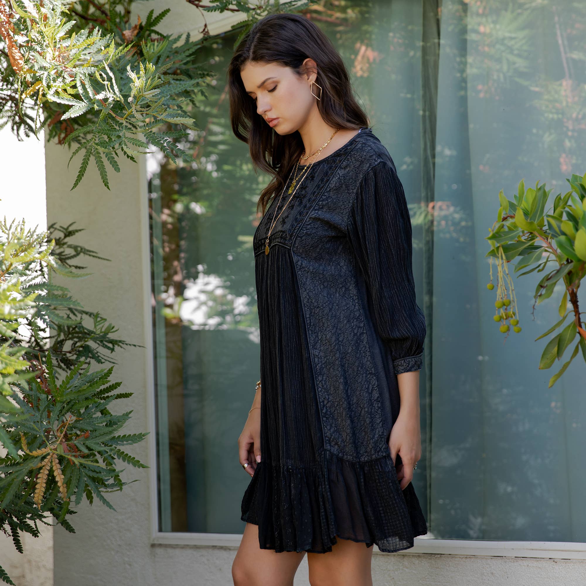 Charcoal Boho Embroidered Ruffle Hem Babydoll Dress ALSO IN PLUS for wholesale on Faire1