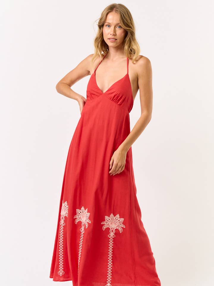 Lalavon - Wholesale Dress - Women's - ILD5300 SMOCKED BACK HALTER EMBROIDERED MAXI DRESS